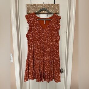 Orange and White V-Neck Flutter Sleeve Mini Dress